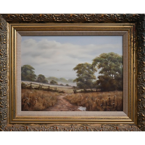 340 - Reg Brown - A summer meadow, oil on canvas, signed, 49 x 75 cm to/w Lesley Hammett - Landscape, oil ... 