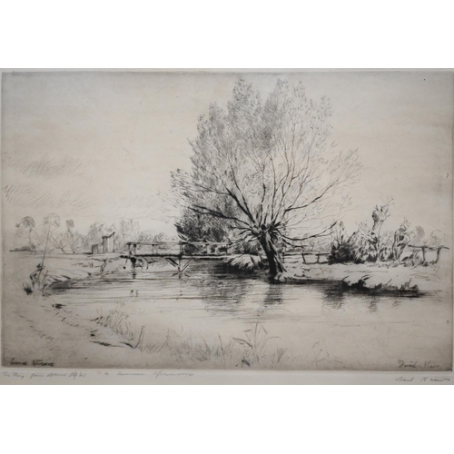 341 - David Neave - River view with fishing, etching, dated 1921, inscribed and signed, 20 x 30 cm 