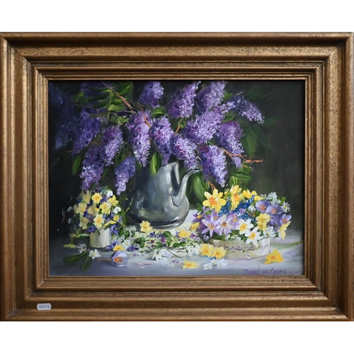 343 - Daniel H Cozens - A trio of oil on canvas studies - sweet peas, asters, springs flowers, all signed,... 