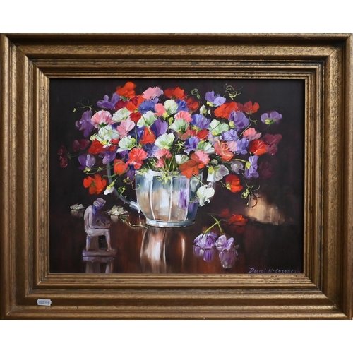 343 - Daniel H Cozens - A trio of oil on canvas studies - sweet peas, asters, springs flowers, all signed,... 