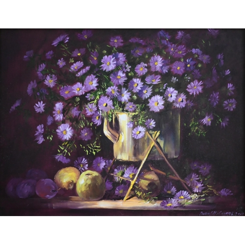 343 - Daniel H Cozens - A trio of oil on canvas studies - sweet peas, asters, springs flowers, all signed,... 