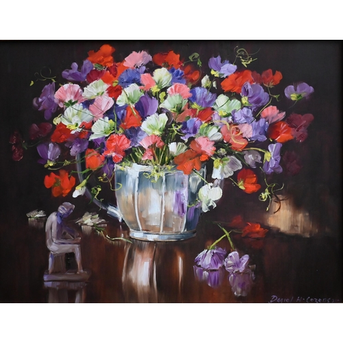 343 - Daniel H Cozens - A trio of oil on canvas studies - sweet peas, asters, springs flowers, all signed,... 