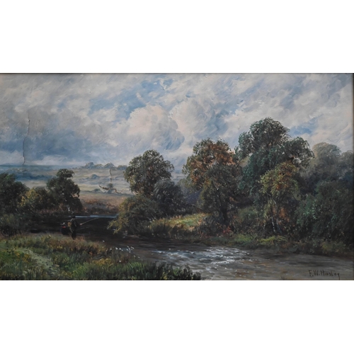 351 - FW Hinsley - River view with fisherman, oil on canvas, signed, a/f