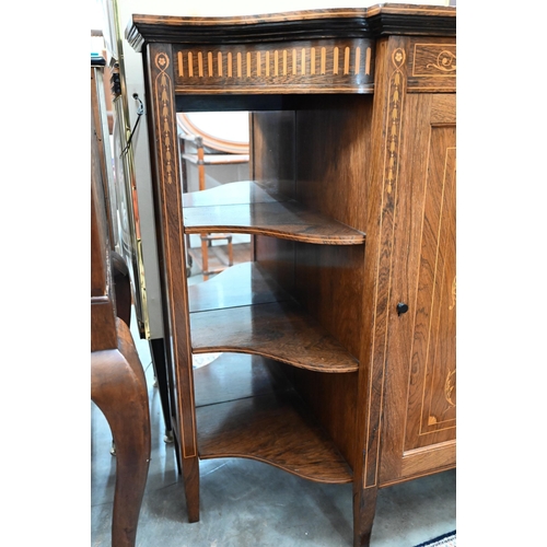 363 - An Edwardian rosewood credenza with neoclassical inlay, panelled central cupboard between open shelv... 