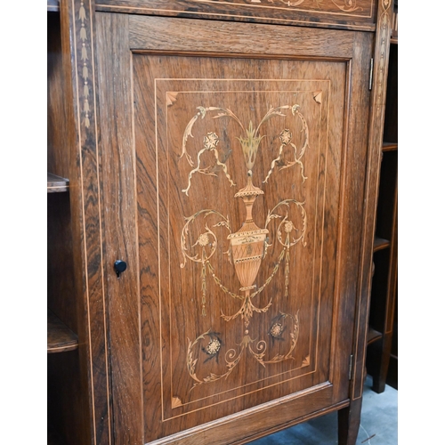 363 - An Edwardian rosewood credenza with neoclassical inlay, panelled central cupboard between open shelv... 