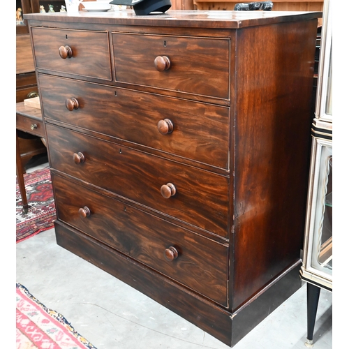 366 - Large Victorian mahogany chest of two short over three long drawers with turned handles, raised on p... 