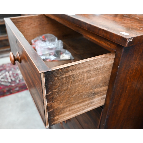 366 - Large Victorian mahogany chest of two short over three long drawers with turned handles, raised on p... 