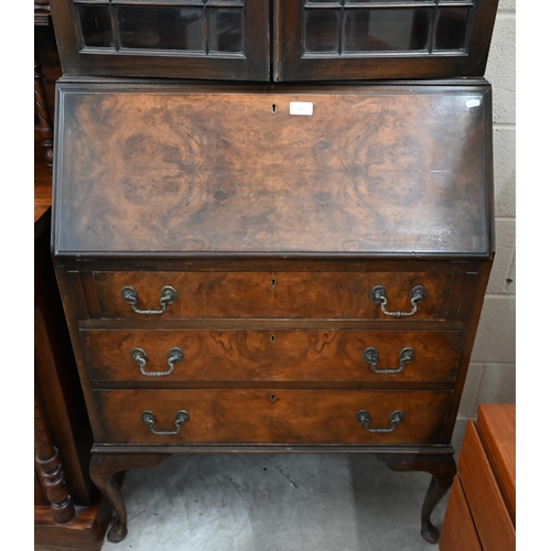 369 - #An Edwardian walnut bureau bookcase 76 cm w x 41 cm d x 205 cm h