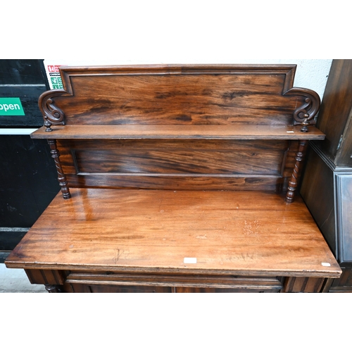 370 - A Victorian mahogany chiffonier with raised back and single drawer over panelled cupboards with turn... 