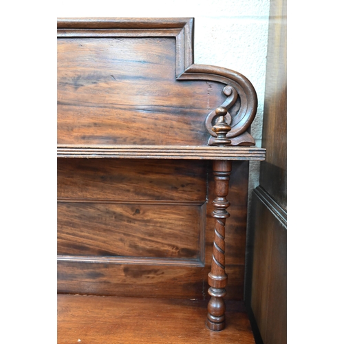 370 - A Victorian mahogany chiffonier with raised back and single drawer over panelled cupboards with turn... 