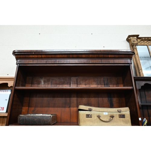 386 - A large antique mahogany open bookcase with six adjustable shelves, 140 cm w x 34 cm d x 222 cm h