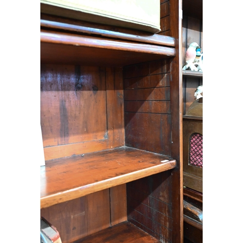 386 - A large antique mahogany open bookcase with six adjustable shelves, 140 cm w x 34 cm d x 222 cm h