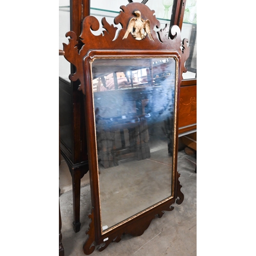 396 - A George III fret-cut mahogany framed mirror with gilt beading and carved gilt eagle crest 106 cm x ... 