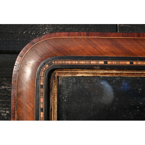 398 - An Edwardian inlaid walnut over mantel mirror 76 cm x 48 cm 