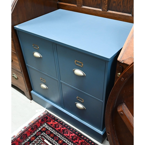 400 - A Dormy House ink blue four drawer filing cabinet with aged metal cupped handles 82 cm w x 52 cm d x... 