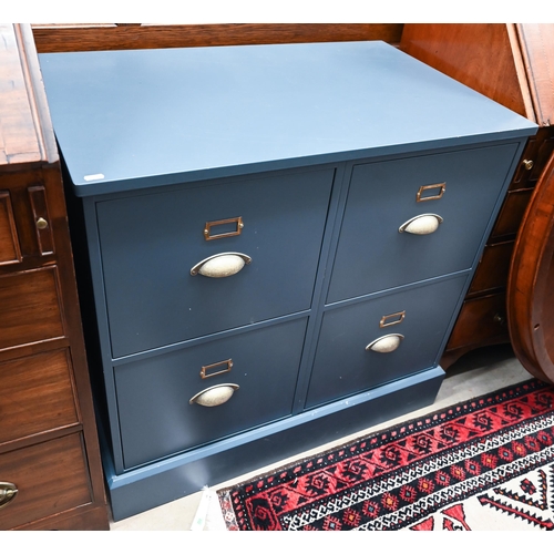 400 - A Dormy House ink blue four drawer filing cabinet with aged metal cupped handles 82 cm w x 52 cm d x... 