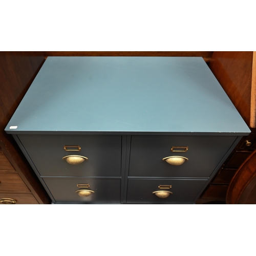 400 - A Dormy House ink blue four drawer filing cabinet with aged metal cupped handles 82 cm w x 52 cm d x... 