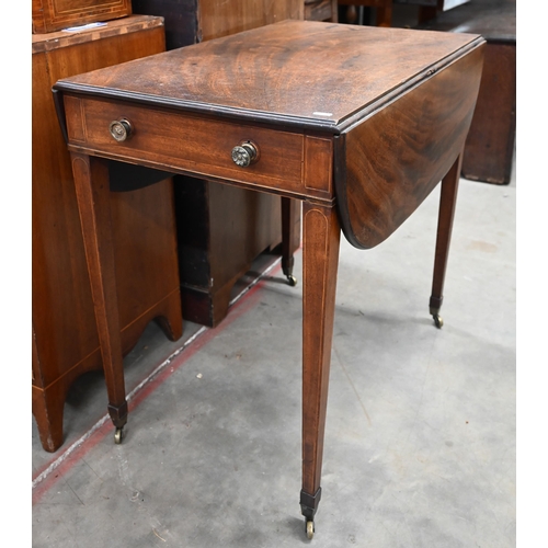 410 - A 19th century mahogany inlaid Pembroke table on tapering square supports with brass caps and caster... 