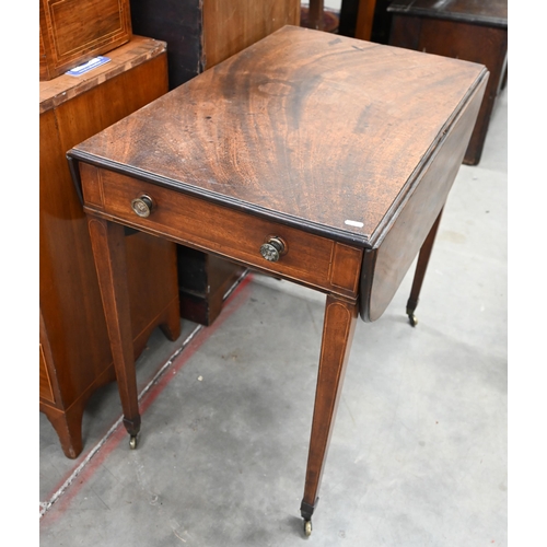 410 - A 19th century mahogany inlaid Pembroke table on tapering square supports with brass caps and caster... 