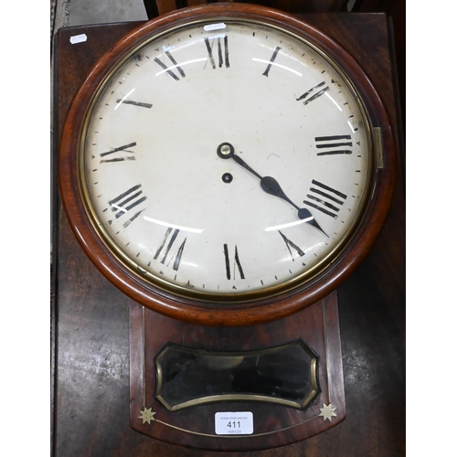 411 - A Victorian mahogany and brass inlaid drop-dial wall clock, convex lenticle and painted dial with ei... 