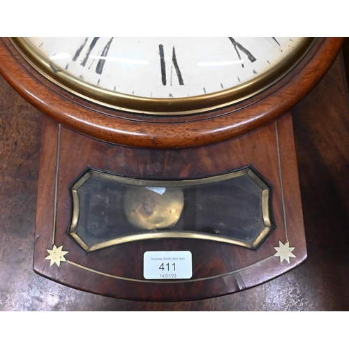 411 - A Victorian mahogany and brass inlaid drop-dial wall clock, convex lenticle and painted dial with ei... 