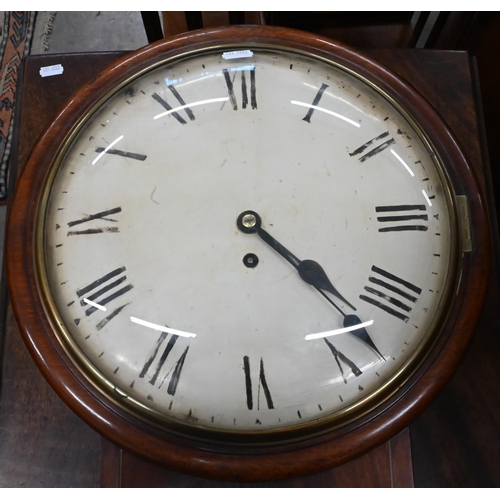 411 - A Victorian mahogany and brass inlaid drop-dial wall clock, convex lenticle and painted dial with ei... 