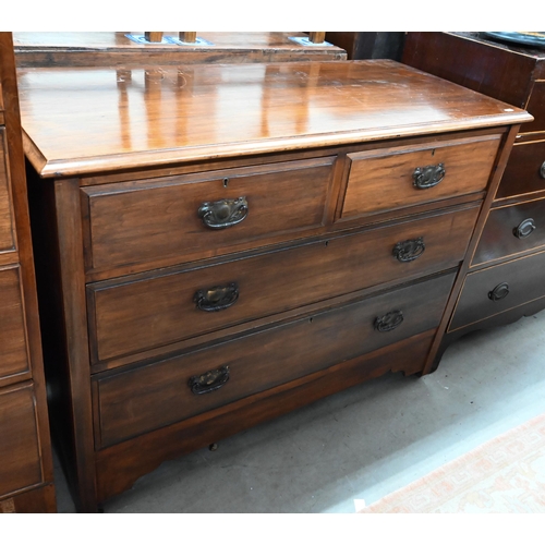 415 - An Edwardian walnut low chest of two short over three long drawers (A/F) 88 cm w x 44 cm d x 93 cm h