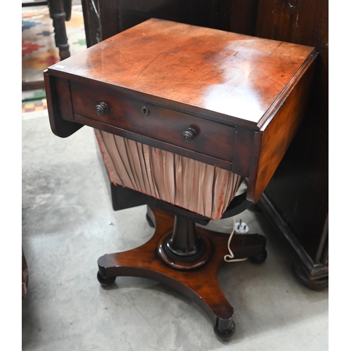 420 - A Victorian mahogany drop leaf sewing table with single drawer and silk covered wool box, concaved q... 