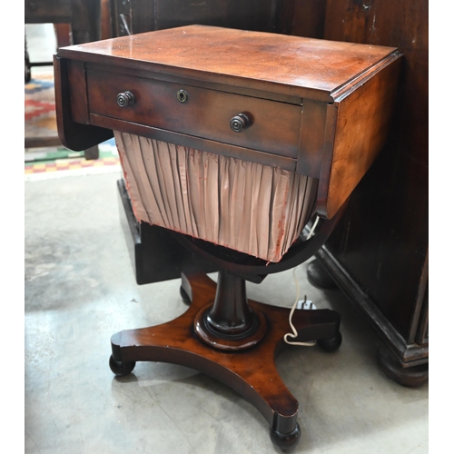 420 - A Victorian mahogany drop leaf sewing table with single drawer and silk covered wool box, concaved q... 