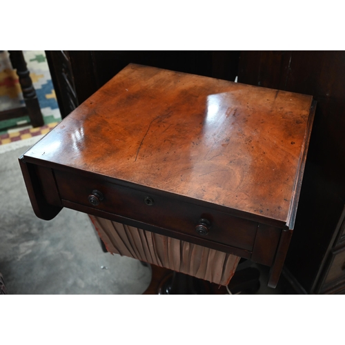 420 - A Victorian mahogany drop leaf sewing table with single drawer and silk covered wool box, concaved q... 