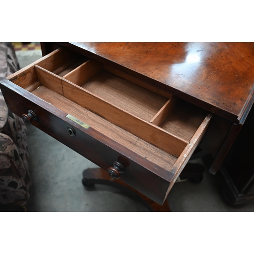 420 - A Victorian mahogany drop leaf sewing table with single drawer and silk covered wool box, concaved q... 