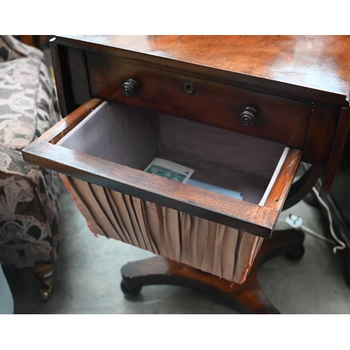 420 - A Victorian mahogany drop leaf sewing table with single drawer and silk covered wool box, concaved q... 