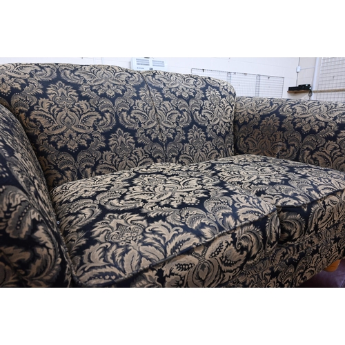 430 - A traditional style two seater scroll arm sofa, damask upholstery on beech supports, 160 cm w x 90 c... 