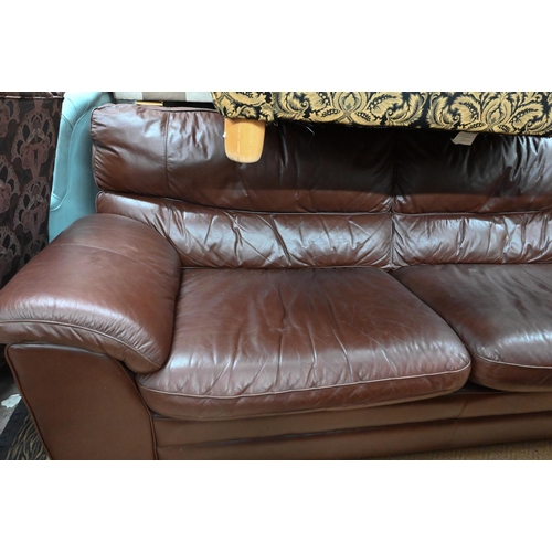 431 - A brown leather three-seater sofa 230 cm x 98 cm d x 90 cm h 