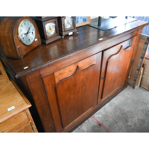 441 - Antique pine and mahogany side cabinet with shaped panelled doors, 150 cm wide x 52 cm deep x 100 cm... 