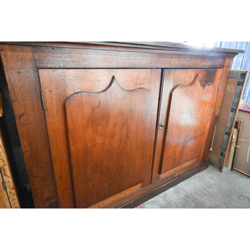 441 - Antique pine and mahogany side cabinet with shaped panelled doors, 150 cm wide x 52 cm deep x 100 cm... 