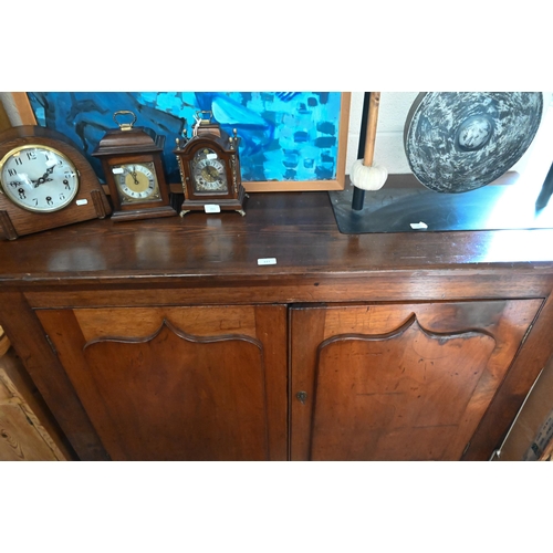 441 - Antique pine and mahogany side cabinet with shaped panelled doors, 150 cm wide x 52 cm deep x 100 cm... 