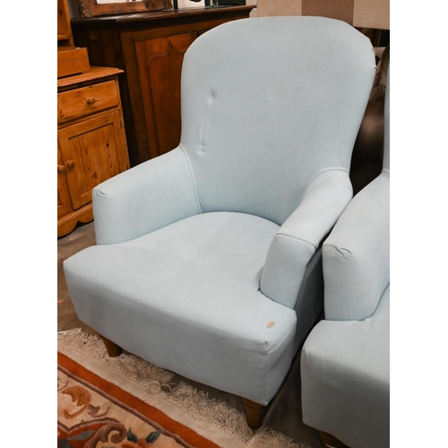 449 - A pair of SofaSofa armchairs, in sky blue linen upholstery (2)