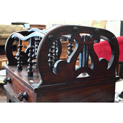 469 - A Victorian and later rosewood Canterbury with lyre ends and drawer on bracket supports, a/f