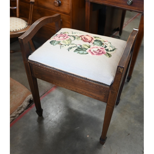 473 - An early 20th century beech children's elbow chair to/w Edwardian walnut piano stool with floral tap... 