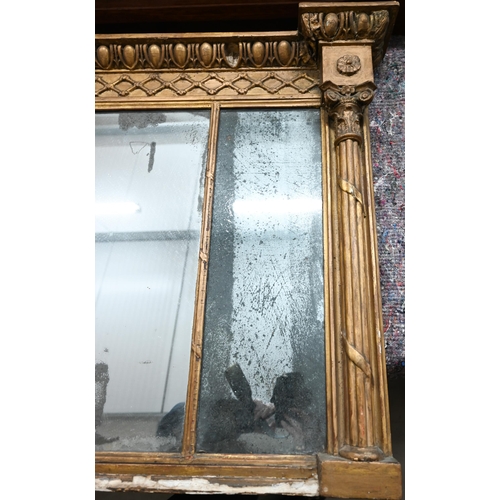 481 - A Georgian overmantel mirror in giltwood and gesso frame with Corinthian columns and egg and dart mo... 