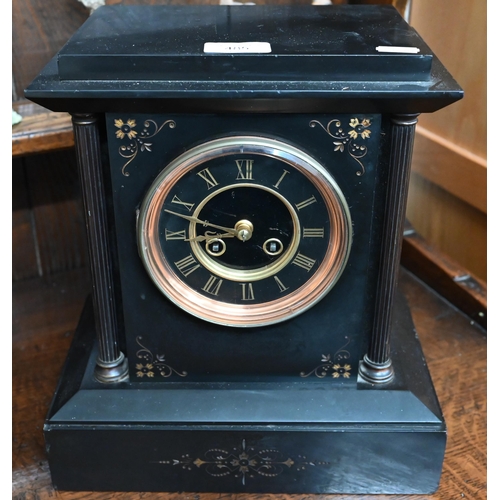 485 - A late 19th/early 20th century architectural mantel clock with brass classical columns, twin-train e... 