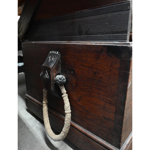 486 - A 19th century teak and brass mounted seaman's chest on castors with rope handles - locked, 90 x 52 ... 