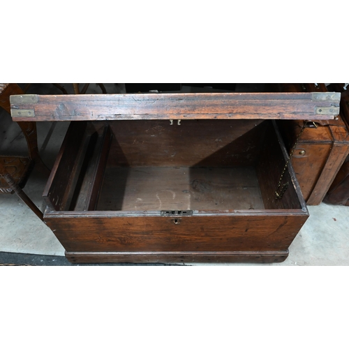 486 - A 19th century teak and brass mounted seaman's chest on castors with rope handles - locked, 90 x 52 ... 