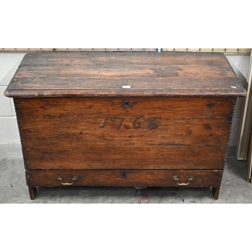 487 - An antique stained hardwood mule chest with hinged panelled top and single full width drawer '1766' ... 