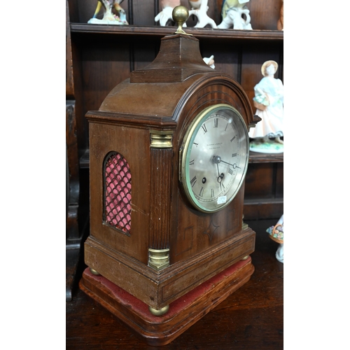 492 - A walnut and brass mounted bracket clock with silvered dial inscribed 'Hampton & Sons Ltd, Pall ... 