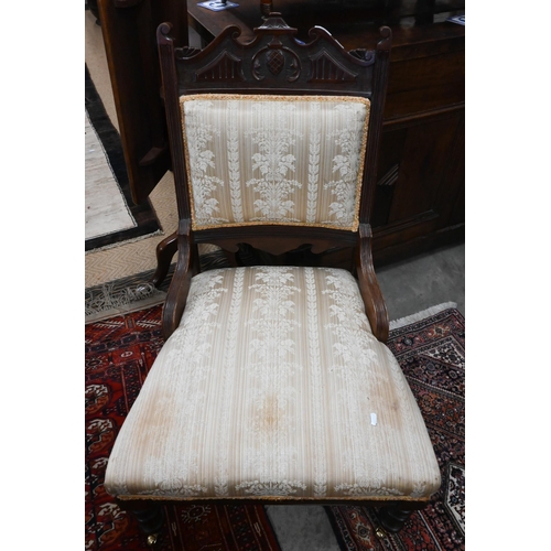 494 - #  Edwardian carved walnut framed bedroom chair with champagne floral satin upholstery... 