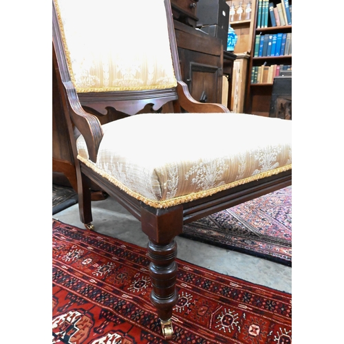 494 - #  Edwardian carved walnut framed bedroom chair with champagne floral satin upholstery... 