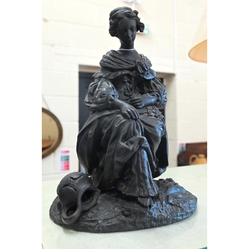 500 - Bronzed spelter figure of a young lady, seated on a tree-stump, signed 'Boitel', 31 cm