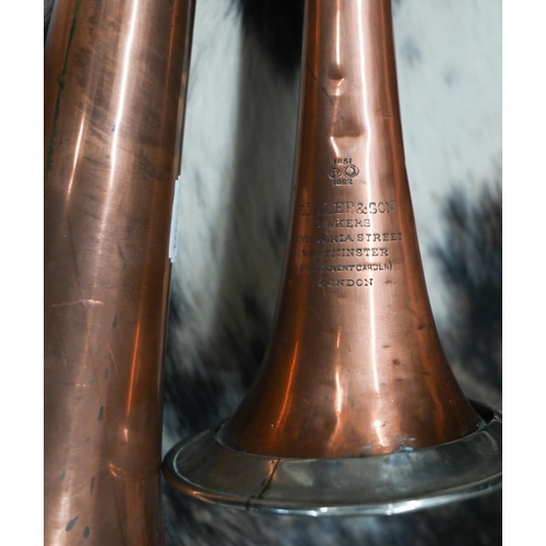 518 - Two Victorian copper and ep post-horns, Kohler & Son, London - one inscribed 'The Heavy Mail', 1... 